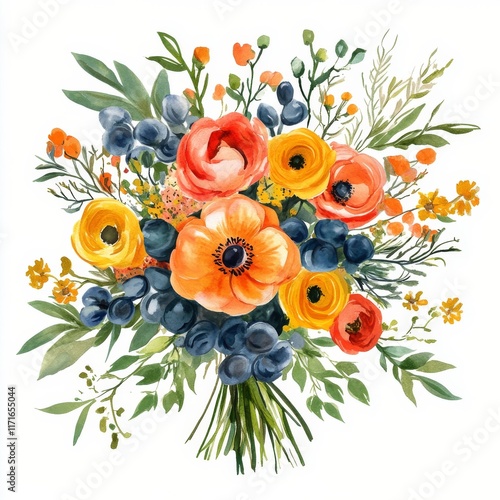 Beautiful watercolor bouquet featuring various roses and greenery in soft pas...