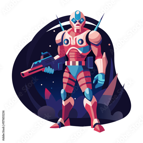 Futuristic soldier with shotgun, flat illustration