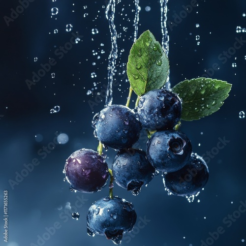 Fresh blueberries with water droplets on dark background during a still life ...