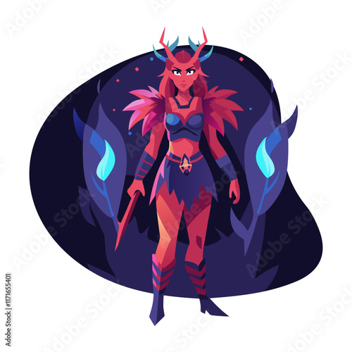 Flat illustration of a powerful demon huntress