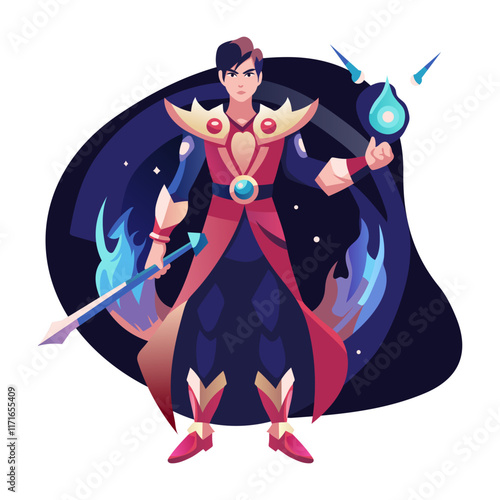 Fantasy fighter character illustration in flat style