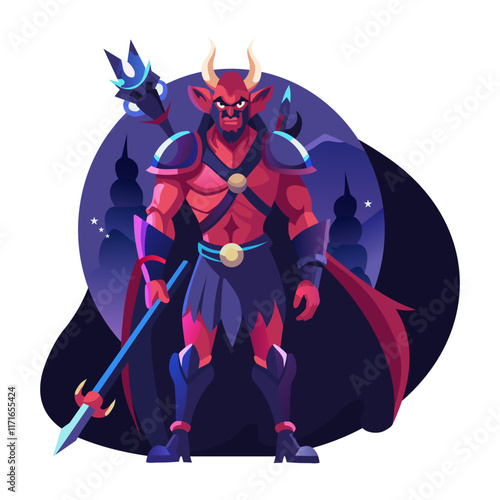 A flat style illustration of powerful demon fighter