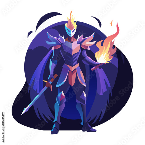 Fire knight character illustration in flat style