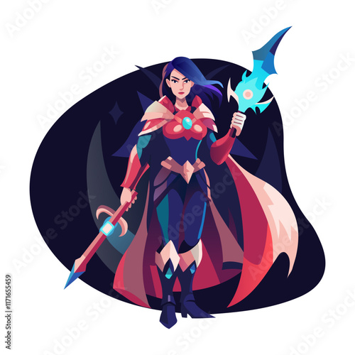 Warrior girl carrying weapons, flat illustration