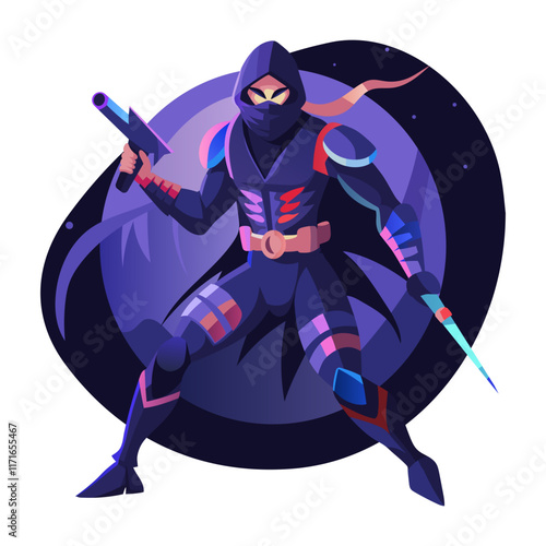 Rogue character holding gun and weapons, flat illustration
