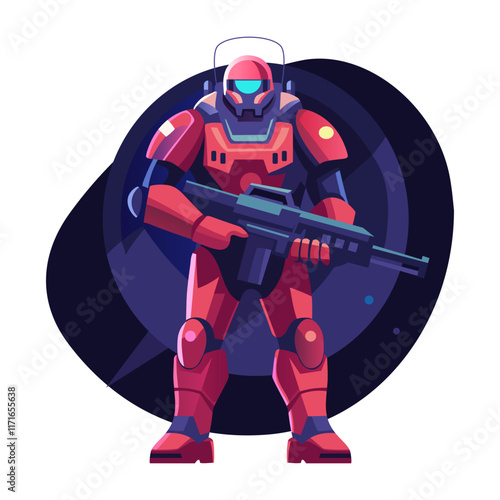 Cyborg soldier with assault gun, flat illustration