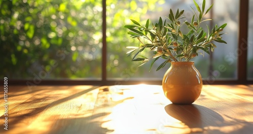 Sunlight filters through window illuminating olive branch in vase on wooden t...