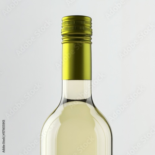 Elegant glass bottle of white wine with a green cap against a minimalistic ba...