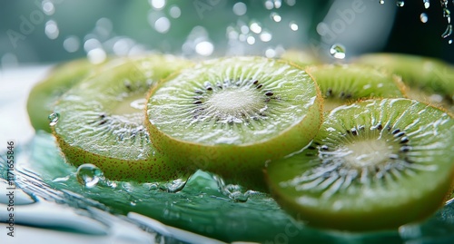 Fresh kiwi slices arranged neatly on a glass plate showcasing vibrant green c...