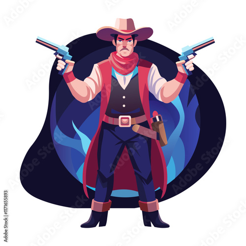 Cowboy character with two guns, flat illustration