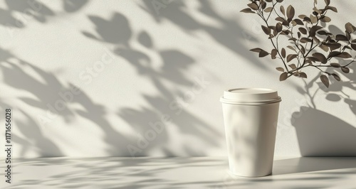 White coffee cup on table with soft leaf shadows in natural light during morning