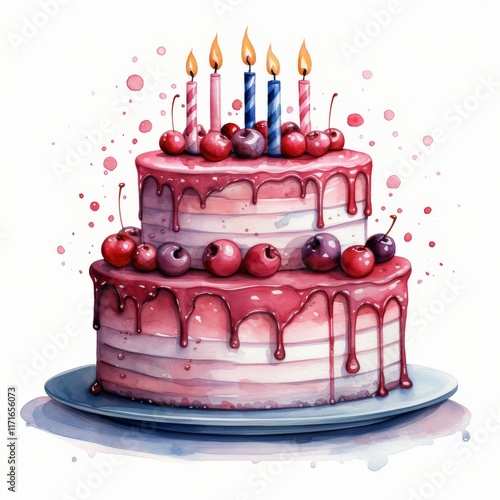 Colorful birthday cake with candles and floral decorations for a special cele...