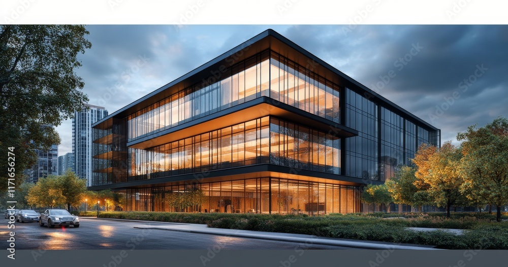 Modern architectural building with glass facade and warm lighting in urban setting during twilight Modern architectural building with glass facade and warm lighting in urban setting during twilight