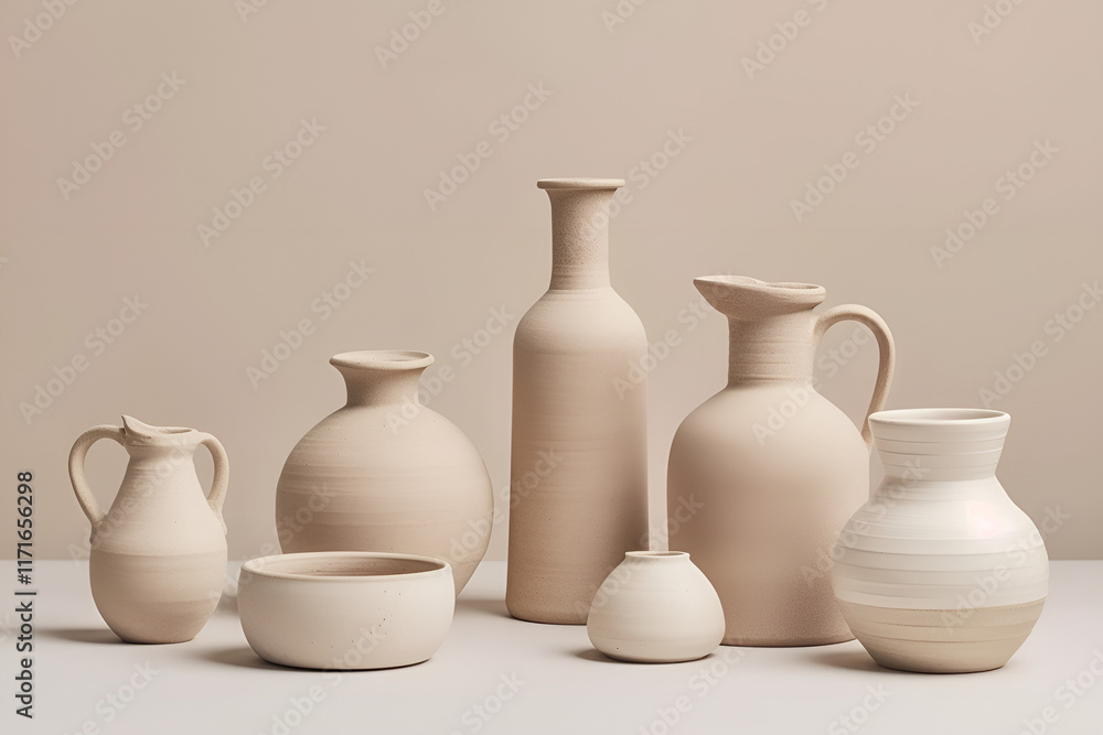 Collection of minimalist ceramic vases and pots in neutral colors on a soft background
Collection of minimalist ceramic vases and pots in neutral colors on a soft background
