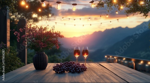Romantic evening with wine and grapes at a scenic outdoor table during sunset