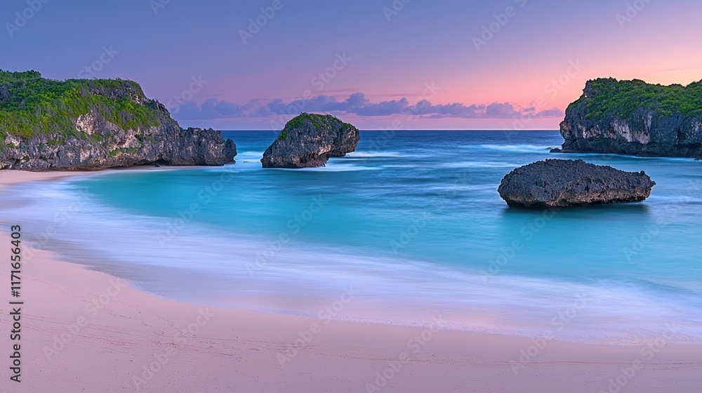 Serene beach scene with gentle waves and rocky formations. Serene beach scene with gentle waves and rocky formations.