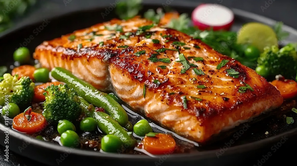Pan-seared salmon fillet with assorted vegetables, served on a black plate. Pan-seared salmon fillet with assorted vegetables, served on a black plate.