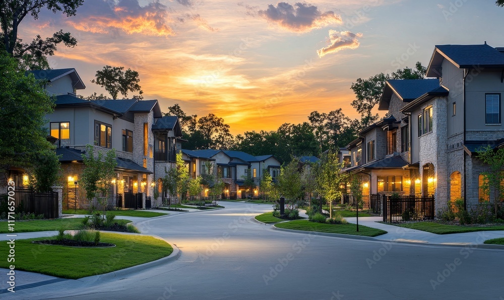 Naklejka premium Sunset illuminates new homes, curving street.