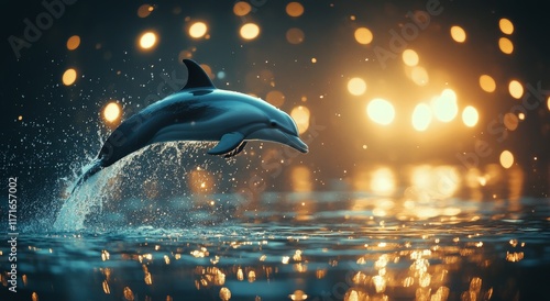 Dolphin leaping joyfully at sunset, creating splashes in a shimmering ocean
