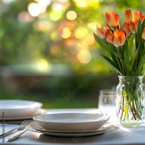 Fresh flowers and elegant table setting for a spring gathering in a bright ga...