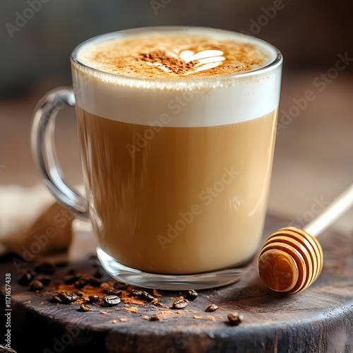 Warm cup of coffee with honey on wooden table in cozy setting