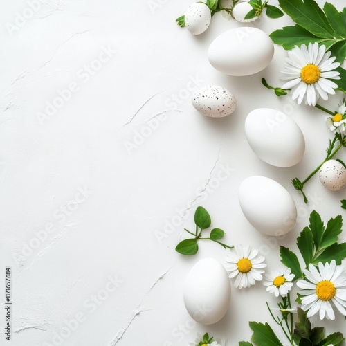 Fresh white eggs and herbs arranged with flowers on a light background for a ...