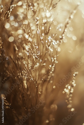 Golden sunlight glistens on grass during sunset casting a warm glow in the field