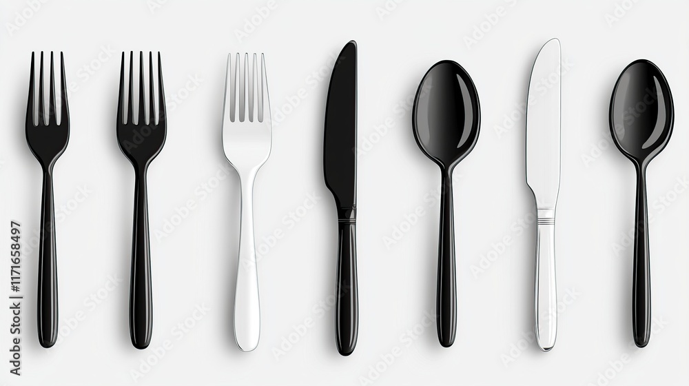 Black and white forks, spoons, and knives set isolated on white background. Black and white forks, spoons, and knives set isolated on white background.