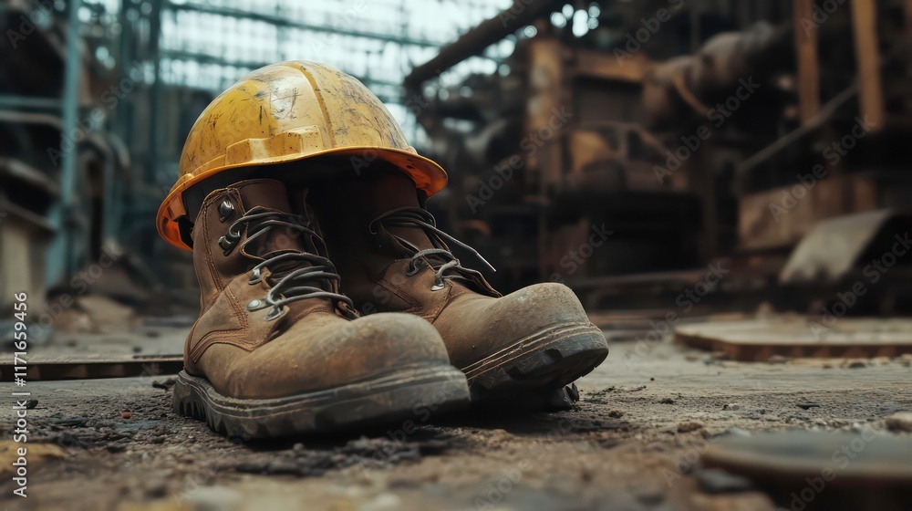 Worn work boots and hard hat rest on ground near heavy machinery in a junkyard. Worn work boots and hard hat rest on ground near heavy machinery in a junkyard.
