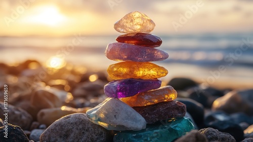 Colorful stones stacked harmoniously against serene beach sunset