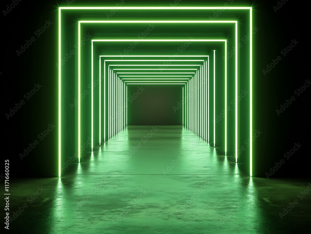 Fototapeta premium Green Neon Lights Illuminate Dark Corridor