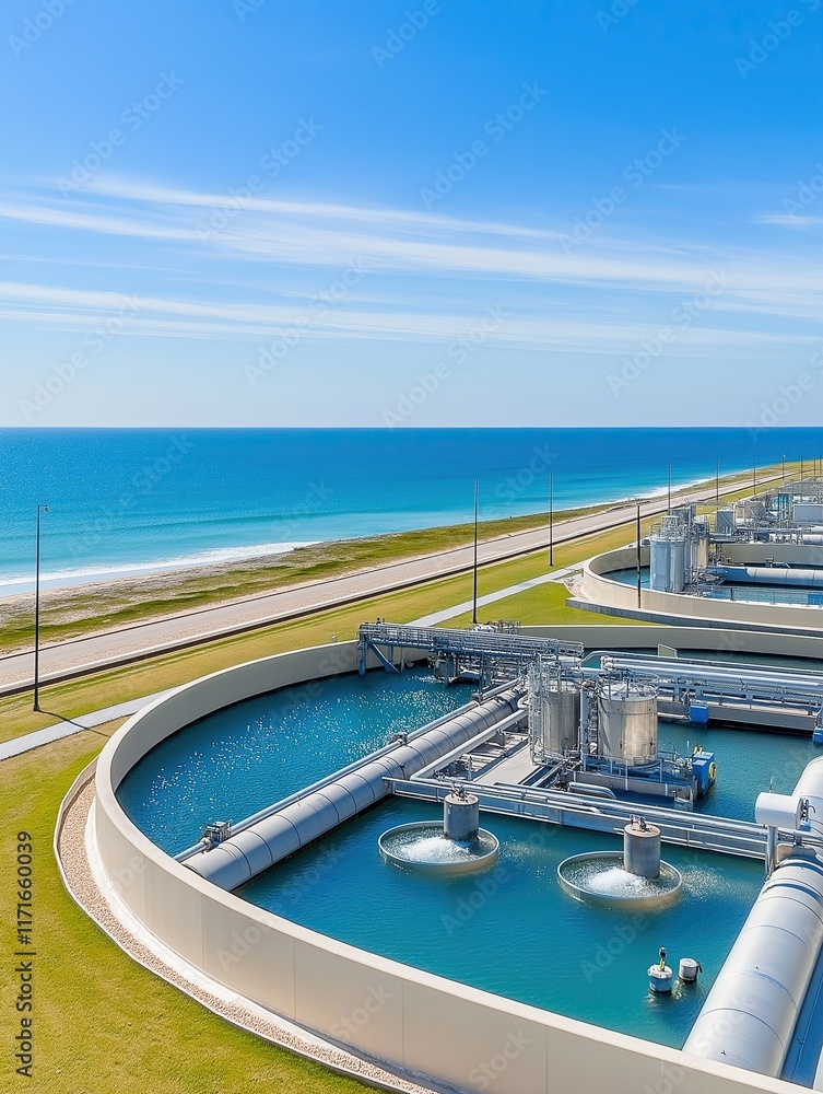 Obraz premium Modern water desalination plant located along a coastal area under a bright blue sky