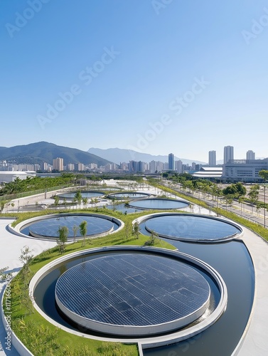 Modern wastewater treatment facility showcases sustainability with solar panels and circular tanks