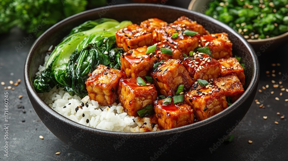Delicious teriyaki tempeh bowl with rice and bok choy. Delicious teriyaki tempeh bowl with rice and bok choy.