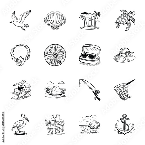 Set of 16 Tropical Doodle Icons 

