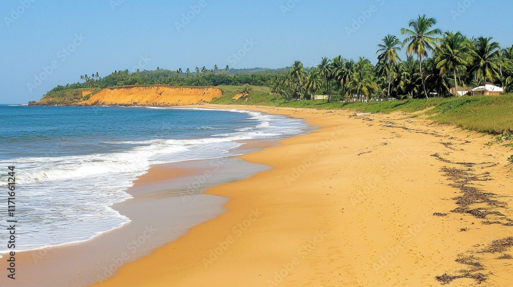 Scenic beach with golden sand and palm trees under a clear sky. Scenic beach with golden sand and palm trees under a clear sky.
