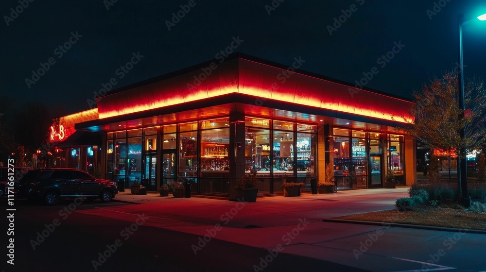 Fototapeta premium Nighttime illuminated building; red accents, parked car.