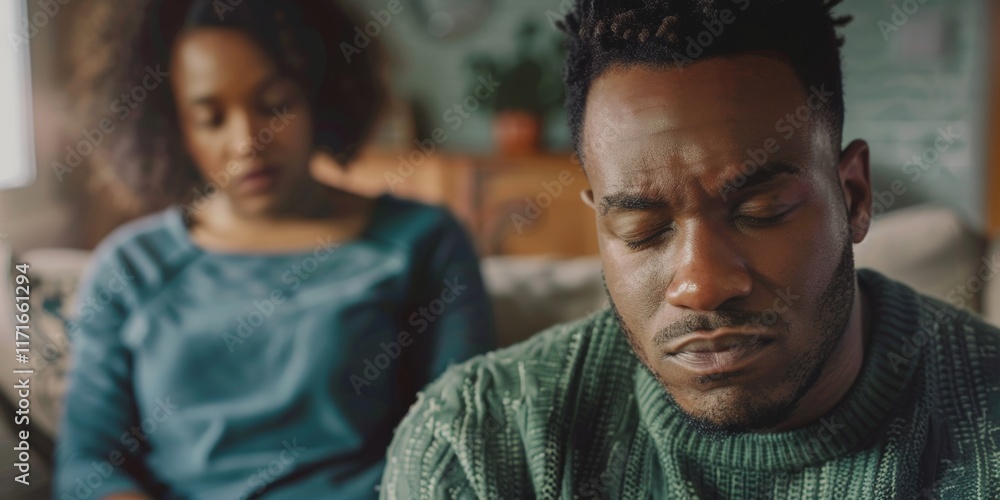 Struggles of a man facing relationship challenges, emotional turmoil, and stress during a conflict with a distressed partner in a troubled home Struggles of a man facing relationship challenges, emotional turmoil, and stress during a conflict with a distressed partner in a troubled home