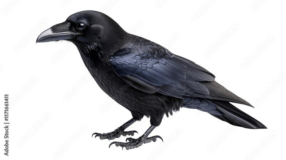 A sleek black crow perched with its beak slightly open isolated on a transparent background, PNG A sleek black crow perched with its beak slightly open isolated on a transparent background, PNG