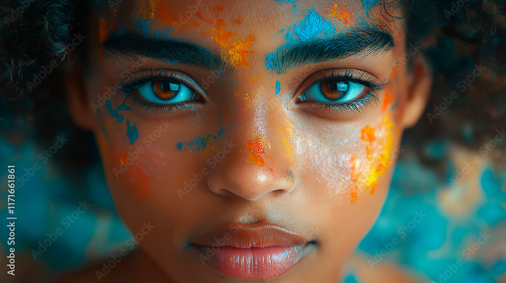 Young girl with colorful face paint gazes directly at the camera with vibrant eyes Young girl with colorful face paint gazes directly at the camera with vibrant eyes
