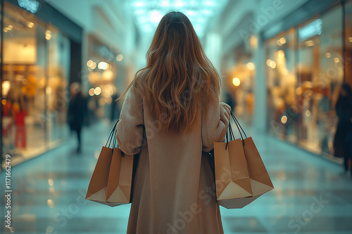 Wallpaper Mural Woman shopping in a mall while carrying several paper bags in a stylish coat Torontodigital.ca