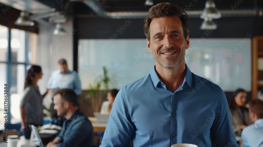 Confident businessman smiling in a boardroom while using a cell phone. A diverse team collaborates during a meeting, with a manager overseeing as he browses and enjoys coffee Confident businessman smiling in a boardroom while using a cell phone. A diverse team collaborates during a meeting, with a manager overseeing as he browses and enjoys coffee