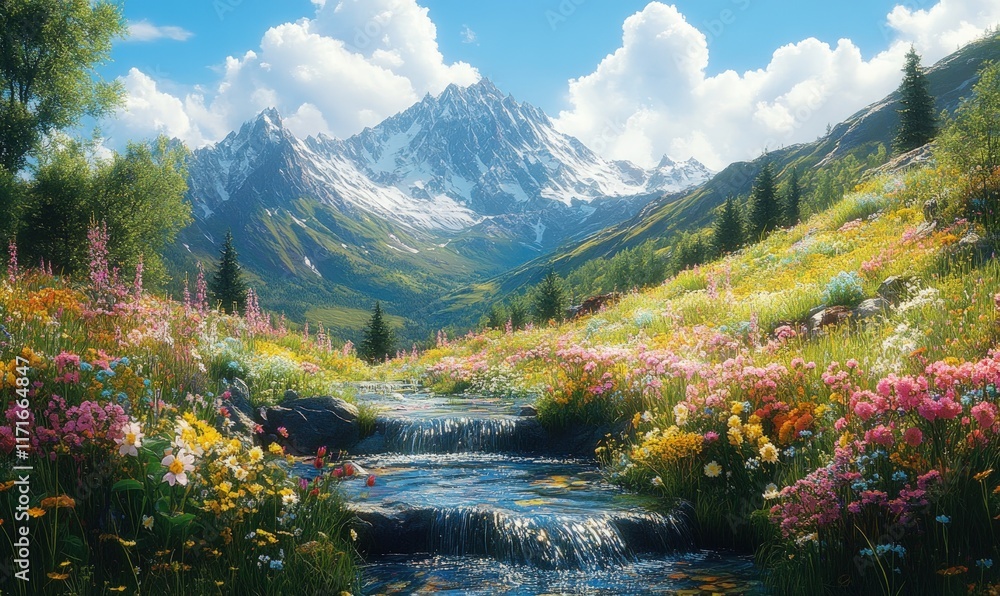 Obraz premium Mountain stream flows through vibrant wildflowers.
