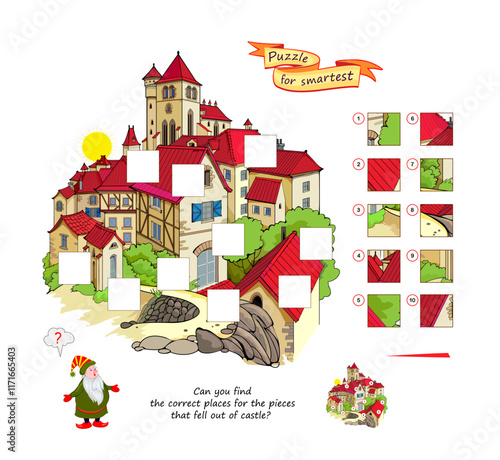 Can you find the correct places for the pieces that fell out of castle? Logic puzzle game for children and adults. Page for kids brain teaser book. Developing spatial thinking. Vector illustration.