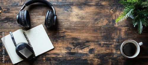 Workspace Setup: Headphones, Notebook, Coffee, and Plant on Rustic Wooden Desk photo