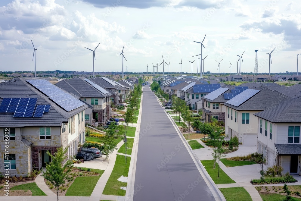 Solar-powered homes line a street, wind turbines in background. Solar-powered homes line a street, wind turbines in background.