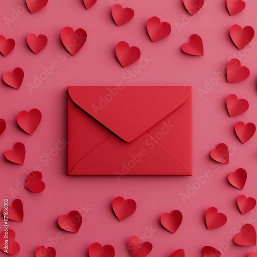 Valentine's Day Red Envelope with Scattered Hearts Valentine s Day Romance Concept