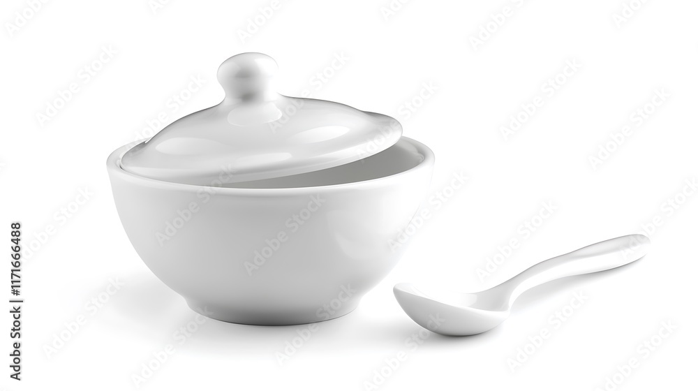 Isolated white ceramic sugar bowl with a lid and spoon isolated on solid white background. Isolated white ceramic sugar bowl with a lid and spoon isolated on solid white background.