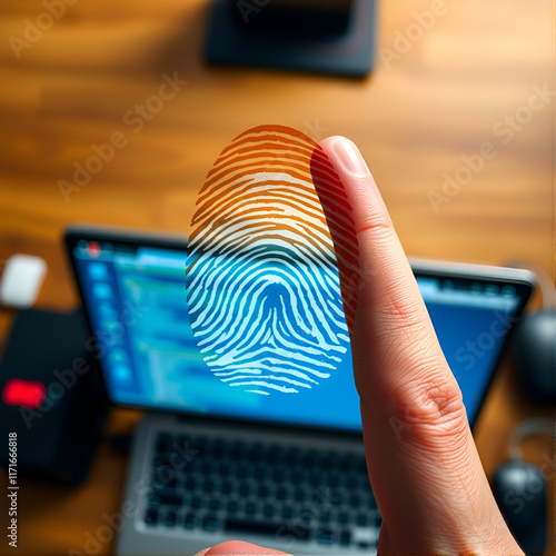 Finger print over computer on the desktop background. Top view. Double exposure. Concept of securitization. photo