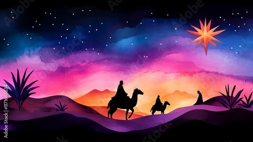 Wallpaper Mural Three Wise Men journey under a vibrant sunset and starry night, guided by a bright star. A magical, colorful illustration. Torontodigital.ca